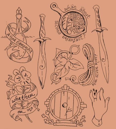 Hobbit Tattoo, Sam Tattoo, Tolkien Tattoo, Lotr Tattoo, Lord Of The Rings Tattoo, Fantasy Tattoos, Lotr Art, Flash Sheet, Tattoo Flash Sheet