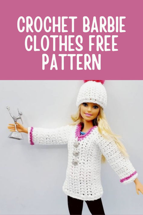 This is such a cute crochet barbie clothes free pattern you can easily make so barbie is ready for Winter. Free Crochet Patterns For Barbie Clothes, Crochet Barbie Clothes Free, Crochet Doll Sweater Free Pattern, Free Barbie Patterns, Crochet Barbie Doll Clothes Free Pattern, Crocheted Barbie Clothes, Crochet Barbie Clothes Patterns Free Easy, Barbie Hat Crochet Free Pattern, Crochet Barbie Doll