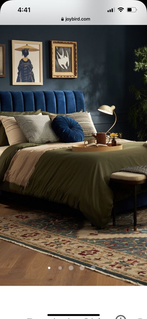 Bedroom With Blue Bed Frame, Green Wall Blue Bed, Navy Mcm Bedroom, Velvet Blue Bedroom Ideas, Dark Blue Bed Frame Bedroom Ideas, Blue Bed Decor Ideas, Blue Bedframe Bedroom Ideas Velvet, Navy Blue Bed Frame Bedroom Ideas, Blue Velvet Bed Frame Bedroom Ideas