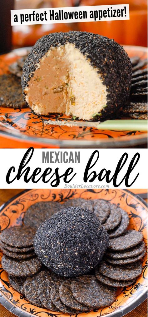 Black Color Party Ideas, Black Colored Appetizers, Black Food For Party, Foods That Are Black In Color, Black Appetizers For Party, Black Foods For Party Appetizers, Color Party Ideas For Adults Black Snacks, Mexican Cheese Ball Recipes, Black Colored Foods For Party