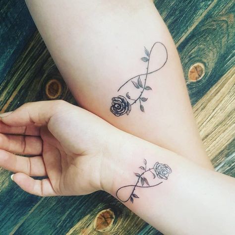 Infinity With Rose Tattoo On Wrist Mother Daughter Infinity Tattoos, Infinity Tattoo On Wrist, Grey Ink Tattoos, Cute Matching Tattoos, Infinity Tattoo Designs, Tattoos Infinity, Infinity Tattoos, Friendship Tattoos, Small Wrist Tattoos