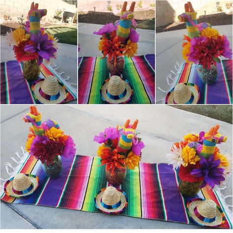 Pinata Centerpiece Mexican, Centerpieces For Fiesta Theme Party, Fiesta 1st Birthday Centerpieces, Mexican Party Centerpiece Ideas For Men, Taco Centerpiece Ideas, Three Esta Centerpieces, Fiesta Theme Party Centerpieces Diy, Fiesta Party Centerpieces Diy, Fiesta Floral Centerpieces