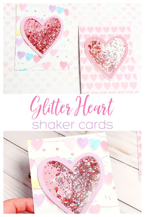 Make glitter shaker cards with hearts to give on Valentines Day or anytime you want to show a little love. Cut out with a Cricut using a combination of paper, craft foam, acetate, and glitter. Creative Valentine Cards, Cards With Hearts, Shaker Cards Tutorial, Valentine Cards To Make, Glitter Paper Crafts, Valentines Day Cards Diy, Glitter Projects, Valentine Card Crafts, Valentine Heart Card