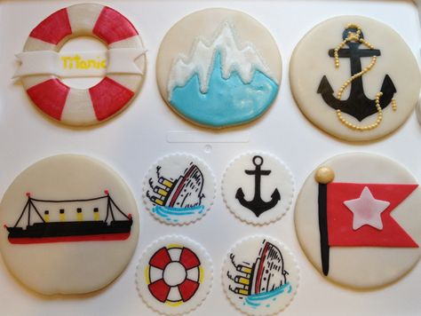 Titanic themed sugar cookies with fondant detail Titanic Cookies Decorated, Titanic Cookies, Titanic Cake, Cookies With Fondant, Titanic Party, Theme Cookies, Titanic History, Cookie Ideas, Cookie Art