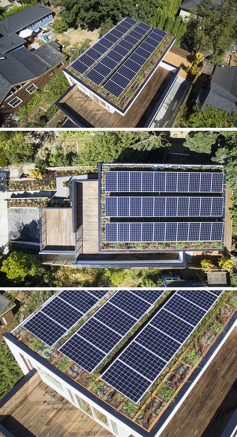 Green home builder Dwell Development, have recently completed this new house in Seattle’s historic Capitol Hill neighborhood, and as part of the design, they included a solar package and a green roof. #SolarPanels #SolarRoof #GreenRoof #Architecture Solar Panel Roof Design, Diy Solar Power System, Garden Roof, Solar Panels Roof, Solar Farm, Solar Power Diy, Residential Solar, Green Roofs, Solar Roof