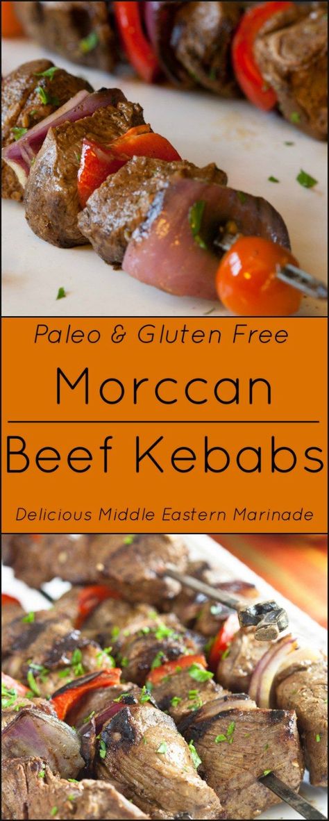 Moroccan Beef Kebabs in a delicious Middle Eastern Marinade with Fresh Vegetables are Paleo and Gluten Free. Middle Eastern Steak Recipes, Middle Eastern Steak, Middle Eastern Beef Kabobs, Moroccan Foods, Kabob Marinade, Moroccan Beef, Vegetable Kebabs, Morocco Food, Beef Kebabs