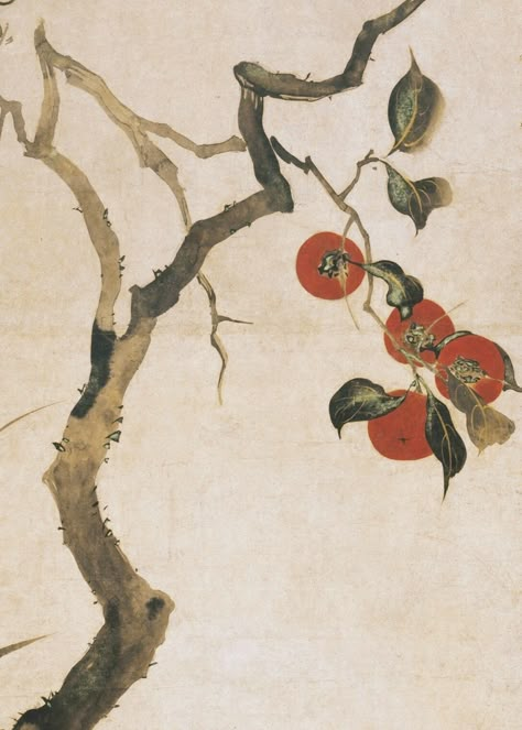 Detail. 酒井抱一筆 柿図��屏風 The Persimmon Tree. Sakai Hōitsu (Japanese, 1761–1828) Period:Edo period. Date:1816. Two-panel Japanese folding screen; ink and color on paper. Rimpa School. Met Museum. Persimmon Tree Painting, Persimmon Painting, Japanese Tree Art, Sakai Hoitsu, Persimmon Tree, Korean Painting, Japan Painting, Chinese Art Painting, Japanese Drawings