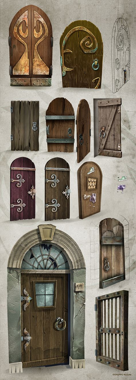 Ideas for dungeon doors - Ranging from ellaborated to simple Bg Design, Game Props, 3d Modelle, Doors And Windows, 3d Drawings, Fairy Doors, Prop Design, Visual Development, �판타지 아트