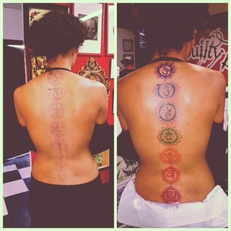 Chakra Spine Tattoo Chakra Tattoo Spine Color, Chakra Back Tattoo Black Women, Chakra Tattoo Black Woman, Spine Tattoos For Women Black, Chakra Spine Tattoos For Women, Chakra Tattoo Spine, Chakra Spine Tattoo, Chakra Back Tattoo, Consciousness Tattoo