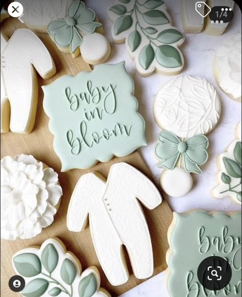 Baby Boy Cookies, Sage Green Baby Shower, Garden Baby Shower Theme, Cookies Theme, Garden Baby Showers, Baby In Bloom, Green Baby Shower, Sprinkle Baby Shower, Baby Shower Brunch