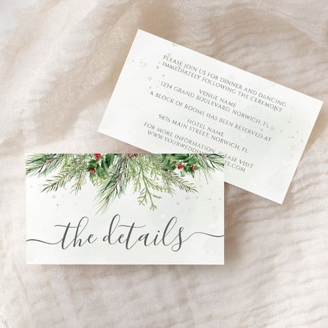 Rustic Winter Berries Pine Cone Greenery Wedding Enclosure Card Dark Green Garden, Leaf Calligraphy, Wedding Christmas Card, Christmas Wedding Themes, Woodland Floral, Christmas Wedding Invitations, Winter Berries, Wedding Details Card, Country Holiday