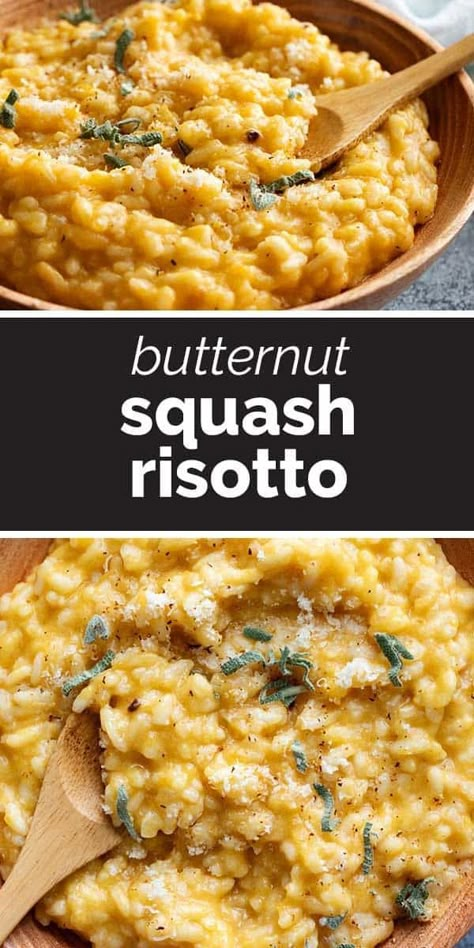 This creamy Butternut Squash Risotto is the perfect comfort dish. Creamy rice is combined with pureed squash in this comforting recipe. Butternut Squash Potato, Rice Sides, Butternut Squash Stew, Meatless Dinners, Butternut Recipes, Risotto Dishes, Creamy Butternut Squash, Rice Side Dish Recipes, Roasted Artichoke