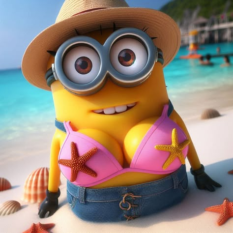 Bello! Ready for some beach fun? 🌴😎  🌊☀️ Catching rays with our favorite Minion!  This adorable fun beach minion scene brings smiles and laughter, blending cartoon design and 3D animation seamlessly. Inspired by movie animation and creative innovation, this minion character creation showcases the power of design software and graphic artistry. 🌟✨  Perfectly blending elements of graphic design, character creation, and cartoon artistry, this scene is an example to the magic of design software and creative innovation. Female Minion, Beach Character, Minion Funny, Minion Characters, Graphic Design Character, Movie Animation, Minion Pictures, Fun Beach, Minions Funny