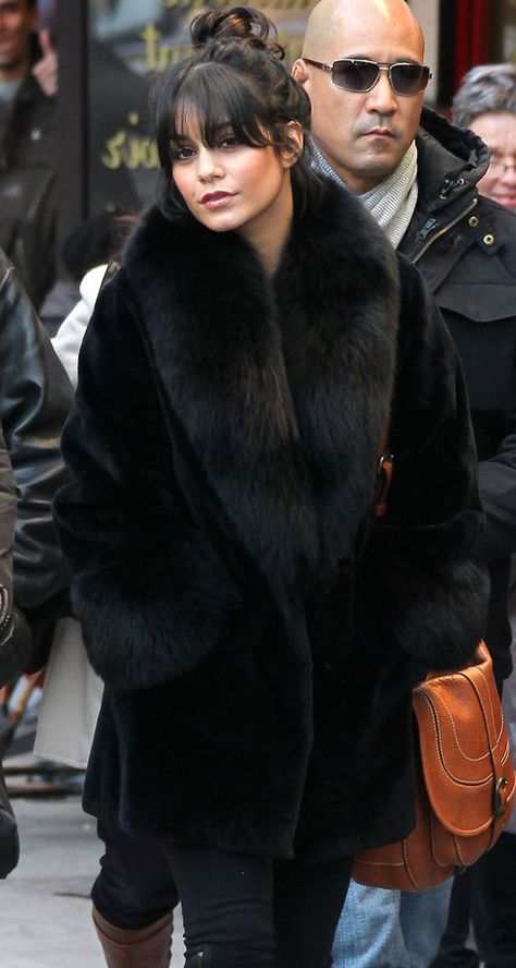 Vanessa Hudgens Black Fur Coat is EVERYTHING!! I just love her style! Black Fur Outfits Women, Fur Cover Up, Black Fur Coat Outfit Classy, Elegant Black Fur Coat For Fall, Black Fur Jacket Outfit, Black Long Winter Fur Coat, Vanessa Hudgens Bangs, Black Fur Coat Outfit, Chic Long Black Fur Coat