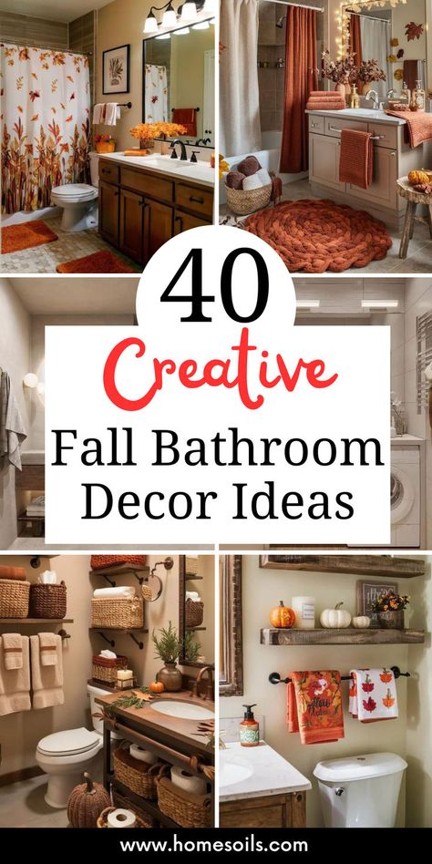 Transform your space with 40 creative fall bathroom decor ideas, featuring warm colors, cozy accents, and seasonal touches! Perfect for adding autumn vibes—visit our site for all the inspiring designs! 🍂🛁🍁 Garden Tub Decor, Decor Ideas For Bathroom, Autumn Bathroom Decor, Fall Bathroom Decor Ideas, Fall Bathroom Decor, Fall Bathroom, Guest Bathroom Decor, Bathroom Decor Colors, Eclectic Farmhouse