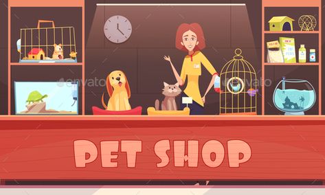 Pet shop interior with woman seller, home animals, shelves with accessories, feeds and medicines vector illustration Pet Store Illustration, Pet Shop Illustration, Pet Shop Interior, Illustration Accessories, Funny Hamster, Pet Food Shop, Dum Aloo, Home Animals, Food Funny