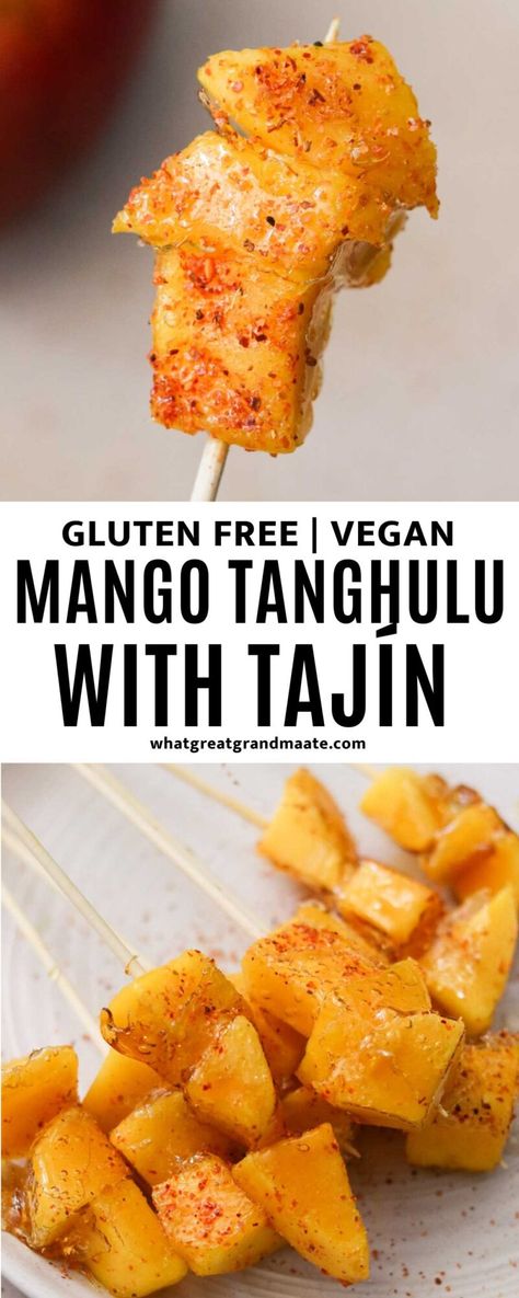 This crunchy candled mango tanghulu recipe is a crossover between Chinese and Mexican flavors, with a spicy sprinkle of Tajín. So easy to make and crazy delicious! Mango Tajin Snack, Sweet And Spicy Appetizers, Spicy Candy Recipes, Mango And Tajin Snack, Chinese Food Dessert, Vegan Mexican Desserts, Savory Fruit Recipes, Chinese Snack Recipes, Mexican Candy Recipes