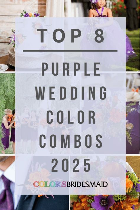 Purple and orange for purple wedding colors 2025, purple bridesmaid dresses, orange flowers bouquets, orange and purple flowers of reception centerpieces, wedding cake décor, purple little girl dress, navy blue groom suit purple tie and orange flower boutonniere. Purple Blue And Orange Wedding, Purple And Navy Wedding Theme, Tahiti Purple Wedding, Fall Wedding Purple Color Scheme, Purple Wedding Theme Color Combinations, Groom Suit Purple, Royal Purple Wedding Theme, Green And Purple Palette, Purple And Blue Wedding Theme