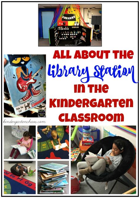 The Library Station in the Kindergarten Classroom - Kindergarten Chaos Kindergarten First Week, Kindergarten Goals, Kindergarten Library, Beginning Of Kindergarten, Library Center, Literacy Centers Kindergarten, Teacher Must Haves, Classroom Centers, Literacy Stations