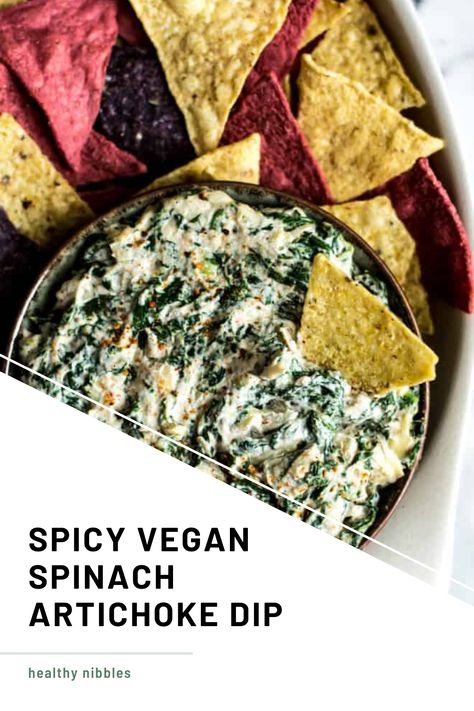 Spinach artichoke dip with tortilla chips Healthy Spinach Artichoke Dip, Vegan Spinach Artichoke Dip, Dairy Free Dips, Vegan Spinach, Cashew Cream, Spinach Artichoke Dip, Cooking 101, Artichoke Dip, Spinach Artichoke