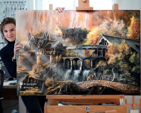 ᗩ ᖇ O ᑎ ᒍ ᗩ - ᗩ ᖇ T on Instagram: "Wow it‘s been a year already since I finished this massive oilpainting 🥳 . . . #art #painting #lotr #lordoftherings #oilpainting" Lotr Paintings, Rivendell Art, Skyrim Dragon, Floater Frame, Paintings Art Prints, And So The Adventure Begins, Nature Prints, Paintings & Prints, Skyrim