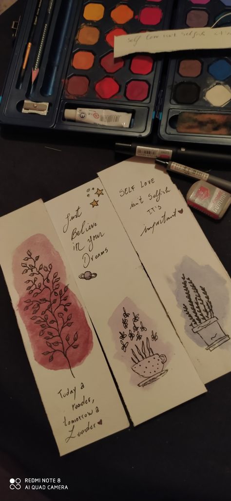 Hello ! Here's the bookmarks I made last days . What do you think ? Leave a comment 🌸 Self Made Bookmarks, Bookmark Ideas Aesthetic Quotes, Bookmarks Handmade Quotes, Handmade Bookmarks With Quotes, Watercolour Bookmarks Quotes, A Bookmark Near The End Poem, Self Help, Self Love, Thinking Of You