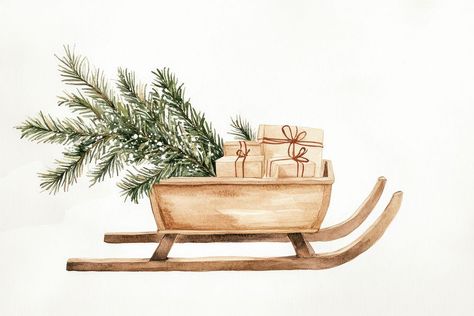 Wooden sled with christmas tree branches illustration sleigh boxes. | premium image by rawpixel.com / Ning Santa Sleigh Illustration, Sled Drawing, Sleigh Drawing, Sleigh Illustration, Pine Tree Watercolor, Christmas Tree Watercolor, Tv Christmas, Wooden Sled, Christmas Sled