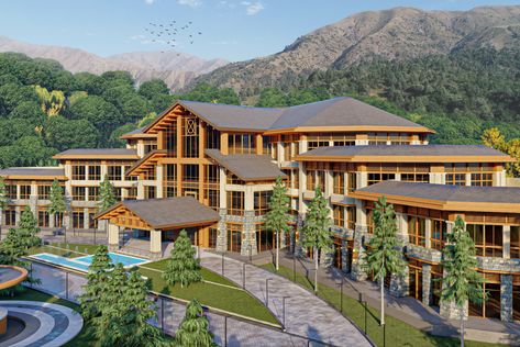 Master plan of a mountain resort with all amenities in the territory of Chimgan #lumion #rendering #mountains #concept #3dsmax #autocad #3d #modeling #corona #vray Mountain Hotel Architecture Plan, Mountain Resort Design Concept, Luxury Mountain Resort, Resort Master Plan, Mountain Resort Design, Autocad 3d Modeling, Mountain Resort Architecture, Hotel Mountain, Resort Design Plan