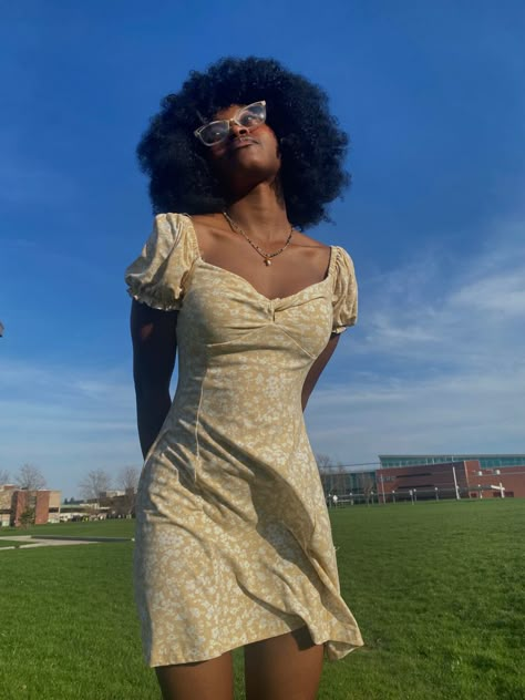 Poses In Sundress, Cute Sundress Aesthetic, Sundress Aesthetic Black Women, Summer Sundresses Black Women, Black Woman Sundress, Short Sundress Outfits, Yellow Sundress Aesthetic, Sun Dresses Black Women, Sundress Outfit Black Women