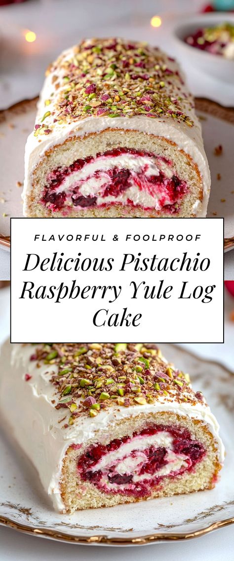 Image for Delicious Pistachio Raspberry Yule Log Cake Bouche Noel Cake, Yulog Cake Christmas, Christmas Show Stopper Desserts, Yule Log Dessert, Bush De Noel Yule Log Cake Recipes, Show Stopper Desserts, Christmas Desserts Aesthetic, Christmas Cake Flavors, Yule Log Decoration