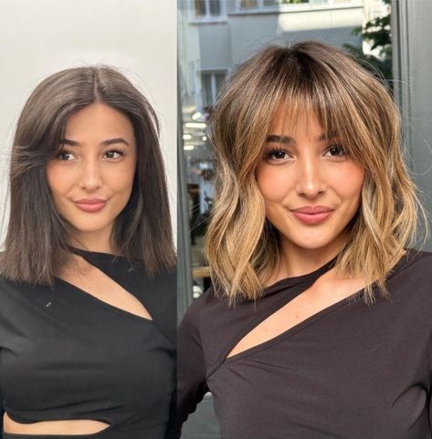 Flattering Wispy Bangs Before and After Long Wavy Beach Hair, Wavy Beach Hair, Lob With Bangs, Perfect Bangs, Textured Bangs, Layered Haircuts With Bangs, Long Face Shapes, Parted Bangs, Face Framing Bangs