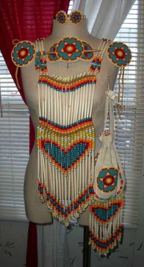 NAVAJO INDIAN NATIVE POW WOW BEADED POUCH BREASTPLATE BARRETTES ... Native American Breastplate, Beading Patterns Free Native American, Bone Choker, Native Regalia, Breast Plate, Native American Dress, Cherokee Dress, Indian Beadwork, Native American Beadwork Patterns