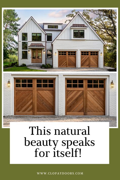 Cedar Garage Door White House, Wood Garage Doors With Windows, White House With Brown Garage Doors, Garage And Front Door Matching, Coastal Garage Doors, Wood Garage Doors White House, Front Door And Garage Door Match, Natural Wood Garage Doors, Modern Farmhouse Garage Doors