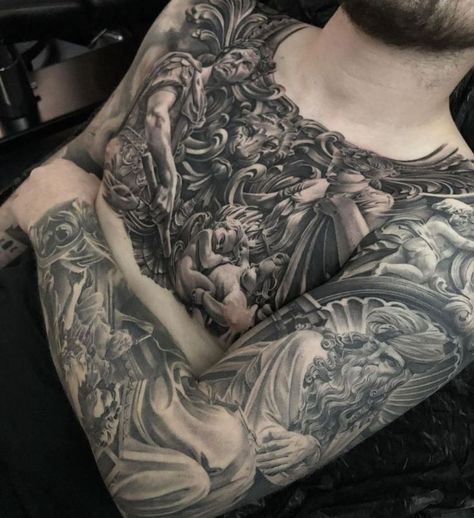 Beautiful Spine Tattoos, Full Chest Tattoos, Spine Tattoo Ideas, Denmark Copenhagen, Statue Tattoo, Cool Chest Tattoos, Chest Piece Tattoos, Mythology Tattoos, Body Suit Tattoo