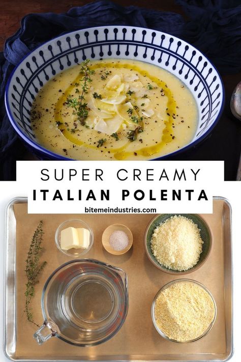 Two photo collage showing the ingredients used to make an Italian polenta measured out on a baking sheet and the second photo shows the polenta served in a bowl with the creamy mixture garnished with shaved parmesan and fresh herbs on top. Italian Polenta, Polenta Recipe, Polenta Recipes, Creamy Polenta, Italian Restaurant, Polenta, Roasted Vegetables, Olive Oil, Easy Meals