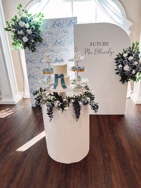 Bridal Shower Backyard Decorations, Wedding Shower Arch Backdrop, Something Blue Bridal Shower Dress, Something Blue Decor, Something Blue Bridal Shower Theme Decor, Blue And White Bridal Shower Decorations, Dusty Blue Wedding Shower Ideas, Blue And Gold Bridal Shower Ideas, Something Blue Backdrop