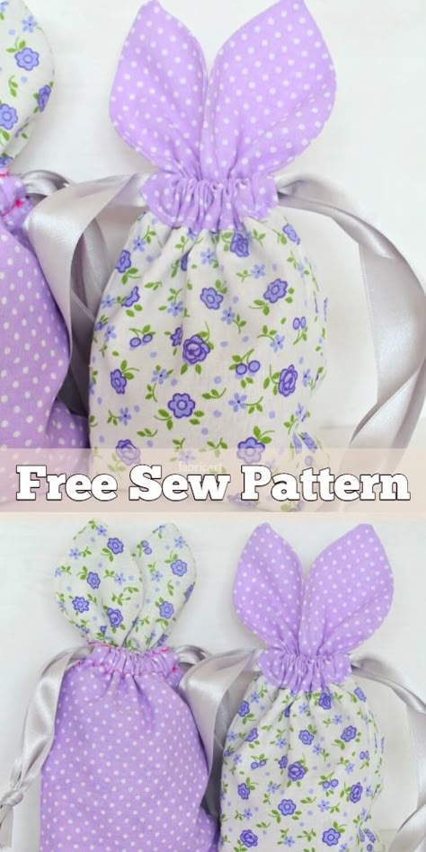 Drawstring Bunny Bag Pattern, Easter Bunnies To Sew, Bunny Bags For Easter Sewing Patterns, Easter Bunny Treat Bags Diy, Easter Bunny Bags Free Pattern, Easter Treat Bags Ideas, Easter Bags To Sew, Easter Sewing Ideas, Bunny Bags For Easter