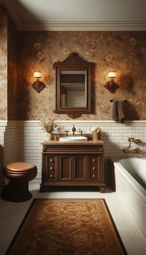 Half Bath Vintage, Bathroom With Brown Tile, Mosaic Accent Wall, Brown Floral Wallpaper, Bathroom Demo, Brown Tile Bathroom, Moody Bathroom, Vintage Style Bathroom, Brown Bathroom Decor