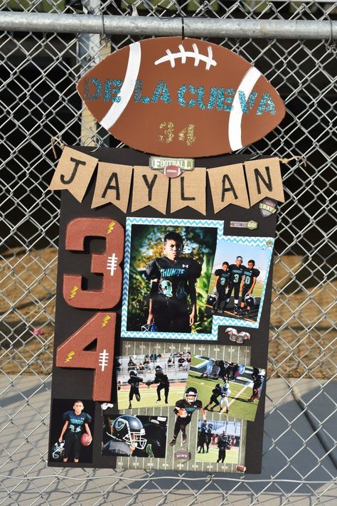 Poster Kids Football Poster, Homecoming Sports Posters, Football Player Homecoming Poster Ideas, Soccer Senior Night Posters Boys, Senior Boards For Sports Football, Diy Football Poster Ideas, Senior Day Football Ideas, Senior Posters Football, Football Posters Senior Night