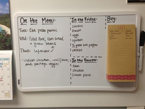 A more flexible dinner menu: I keep seeing dinner menus on Pinterest, but I find that throughout the week we get busy and don't always go with the plan. Using a whiteboard gives me flexibility to write down a day if I want, or just put a dinner idea up for any night of the week. Putting what's in the fridge makes sure we use our fresh ingredients, and lets everyone know what we already have on hand. I also put what we need on a tear off list so I can take it to the store with me. Easy as that! Meal Plan Whiteboard, Fridge Whiteboard Ideas, Menu Writing Ideas, Fridge Menu Board, White Board In Kitchen, Kitchen Whiteboard Ideas, White Board Ideas Organizations, Whiteboard To Do List, Fridge Whiteboard