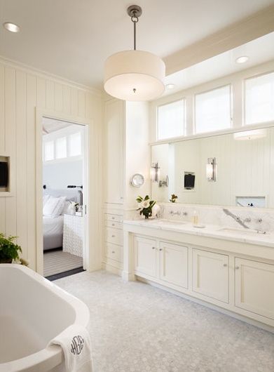 Sherwin Williams Alabaster-love the color; this layout is probably closest to my current bath too Off White Bathroom, Bathroom Linen Tower, Carrara Marble Bathroom, Cream Bathroom, Painting Bathroom Cabinets, White Marble Floor, White Bathroom Cabinets, Bathroom Paint Colors, Room Tiles