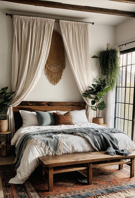 Boho Staging Ideas, Bedroom Inspirations With Windows, Bedroom Inspirations Master Wooden Bed, Boho Nordic Bedroom, Beige Bedroom With Pop Of Color Ideas, Off White Walls Bedroom, Master Bedrooms Boho Chic, Elevated Boho Bedroom, Double Bed Under Window