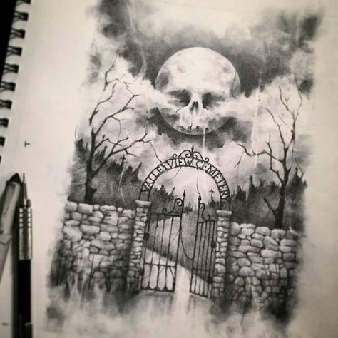 Graveyard Tattoo, Prison Drawings, Chest Tattoo Stencils, Chest Tattoo Drawings, Lion Art Tattoo, Scary Tattoos, Fantasy Tattoos, Black And White Art Drawing, Halloween Artwork