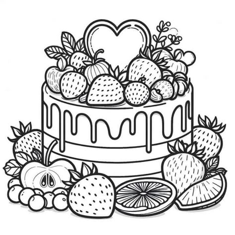 Fruit Doodle Art, Food Colouring Pages, Dessert Coloring Pages, Cake Coloring Pages, Free Adult Coloring Printables, Adult Colouring Printables, Food Coloring Pages, Hello Kitty Coloring, Detailed Coloring Pages