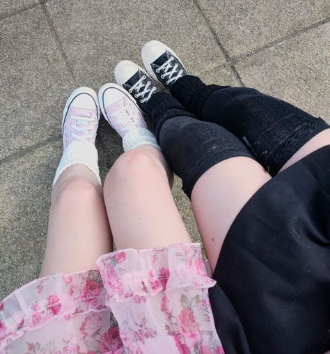 Pink And Black Matching Outfits, Pink And Black Opposites Aesthetic, Pink And Black Best Friends Aesthetic, Pink And Black Friends, Black X Pink Couple, Black And Pink Couple Aesthetic, Opposite Aesthetic Couple Wlw, Soft And Goth Couple, Pink And Black Duo