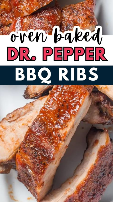 These oven-baked BBQ Dr. Pepper ribs will blow you away with how easy they are and the touch of sweet, Dr. Pepper bbq sauce that is addictive right from the oven. The best way to cook ribs if you're looking for an easy oven-baked pork rib recipe for your game day food, tailgating recipes or Superbowl recipes! Dr Pepper Ribs Grill, Dr Pepper Ribs Oven, Best Way To Cook Ribs, Pork Ribs In Oven, Dr Pepper Bbq Ribs, Bbq Ribs In Oven, Pork Rib Recipe, Dr Pepper Ribs, Pork Ribs In The Oven