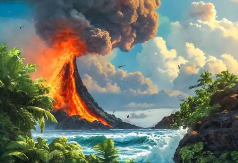 tropical island volcano - Oliver_CM Island City, Tropical Island, Tropical Islands, Op Art, City Art, Lush Green, The Scene, Volcano, Wall Colors