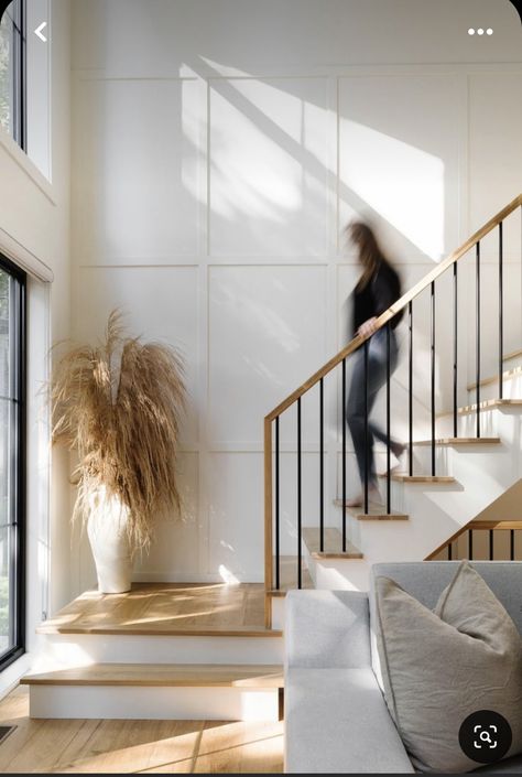 Two Tone Railing Stairs, Light Wood Stairs With White Risers, Stairs With Two Step Landing, Add Stairs To House, Scandinavian Railing Stairs, Hardwood Stairs With White Risers, Wood On Stairs, Minimalist Banisters And Railings, White Wall Staircase