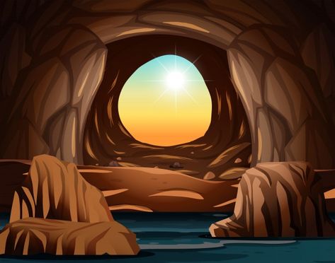 Kids Stories Illustration, Cave Landscape, Room Perspective, Room Perspective Drawing, Waterfall Cave, Cave Drawings, Photoshop Design Ideas, Water Nature, Family Cartoon