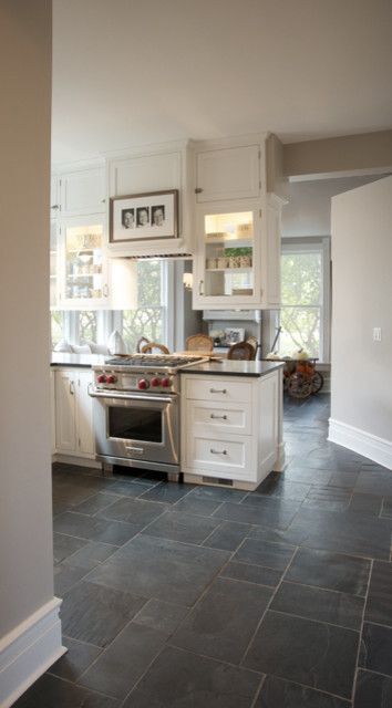 Farmhouse - Traditional - Kitchen - Chicago | Houzz Grey Slate Floor Kitchen, Kitchen Floor Different From Living Room, Kitchens With Dark Tile Floors, Charcoal Kitchen Floor, Kitchen With Slate Floor, Kitchen Floor Trends, Farmhouse Traditional Kitchen, Slate Floor Kitchen, Farmhouse Kitchen Flooring